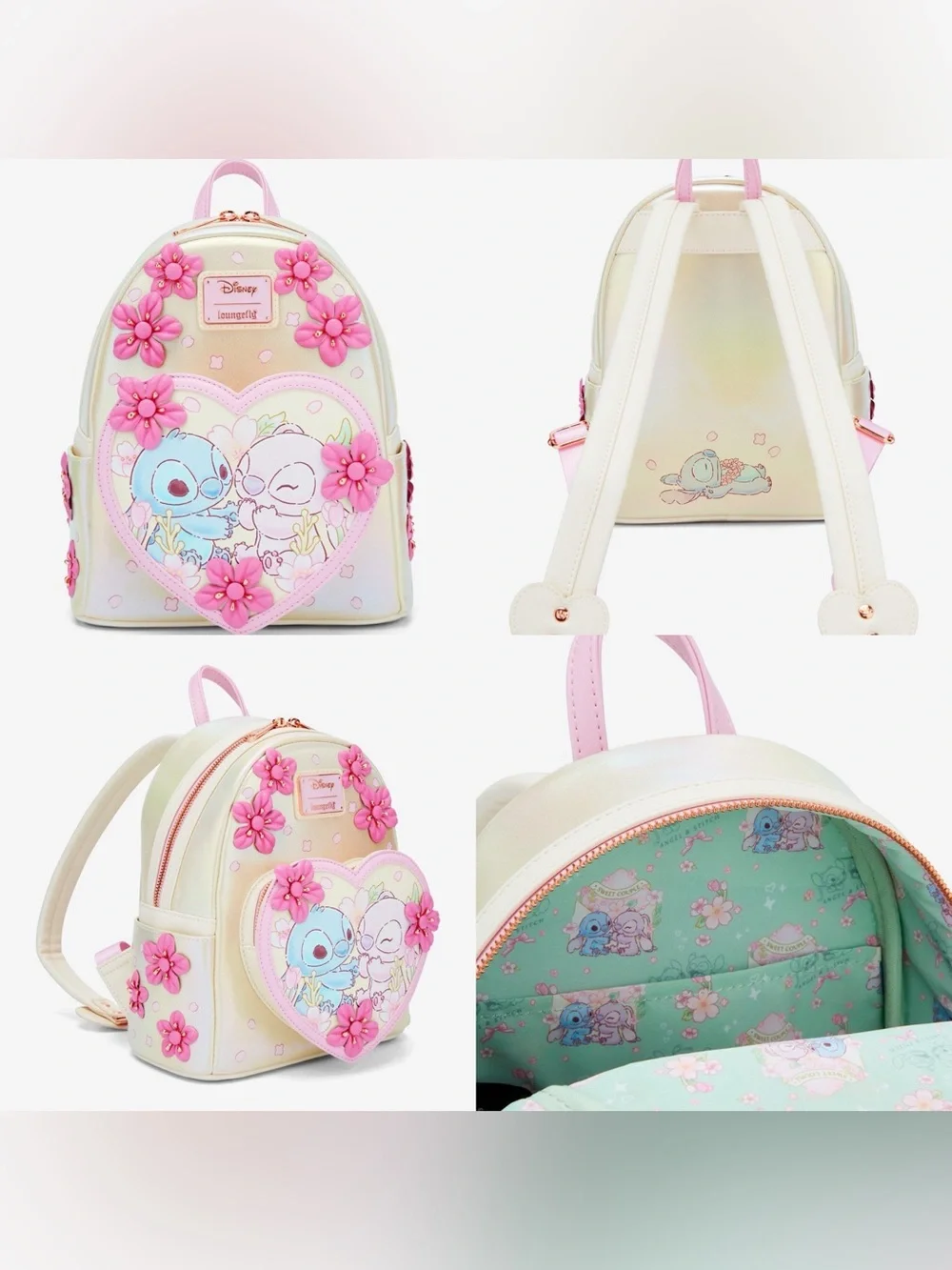 NWOT Loungefly Disney Stitch & Angel Pastel Cherry Blossoms Iridescent Backpack